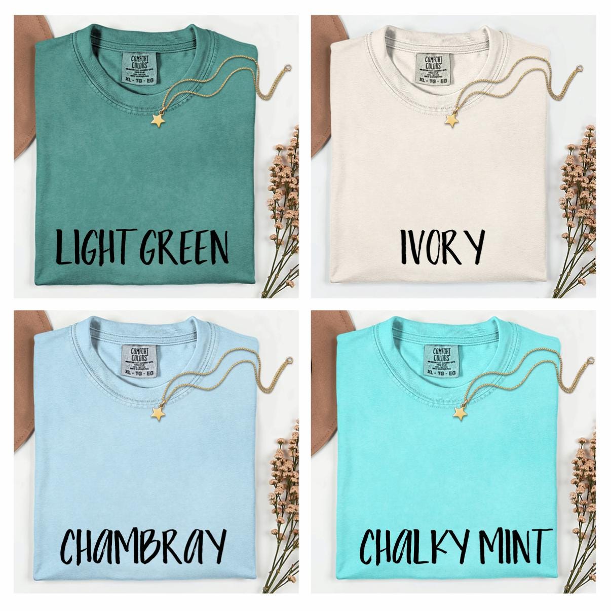 The image is a collage of four different t-shirt designs, each with a unique color and label. The t-shirts are arranged in a square format, with each design displayed in a separate image.
