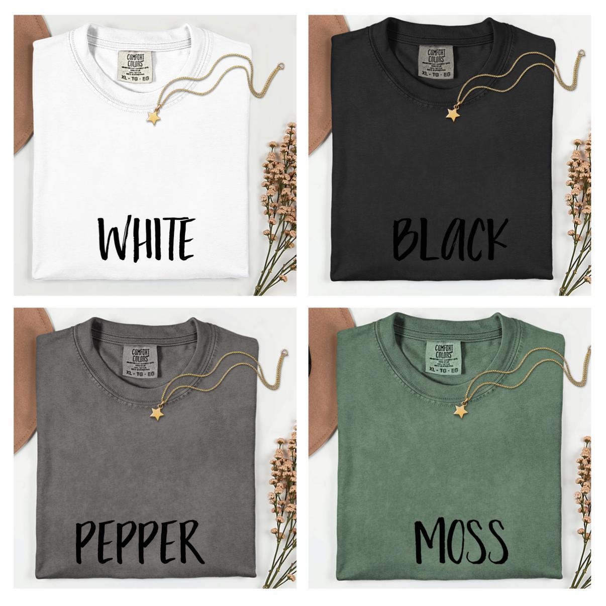 The image is a collage of four images, each depicting a different color of a t-shirt: white, black, gray, and green.