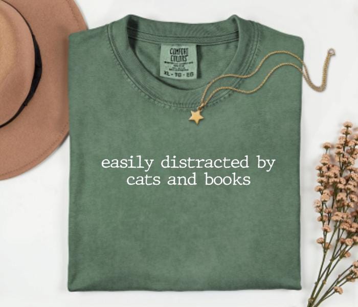 Easily Distracted By Cats And Books Graphic Tee