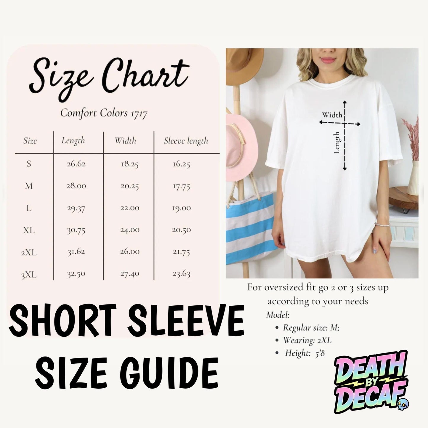 The image is a size chart for a short sleeve t-shirt, providing measurements and corresponding sizes for different models.