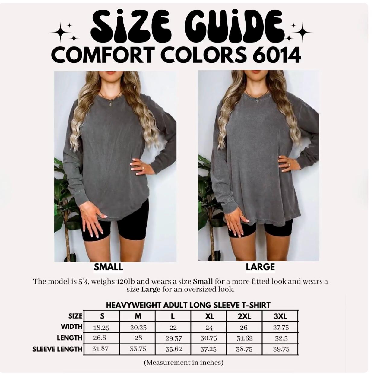 The image is a size guide for a gray long-sleeved t-shirt, featuring two different sizes: small and large. The guide provides measurements for each size, including waist, length, sleeve length, and sleeve width.